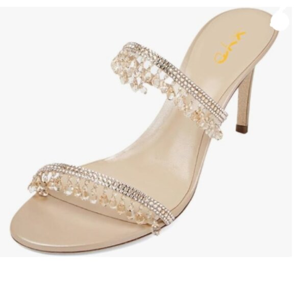 XYD Nude Two Shiny Straps High Heel Mules Crystal Gems Open Toe Slides Sandals - Picture 1 of 8